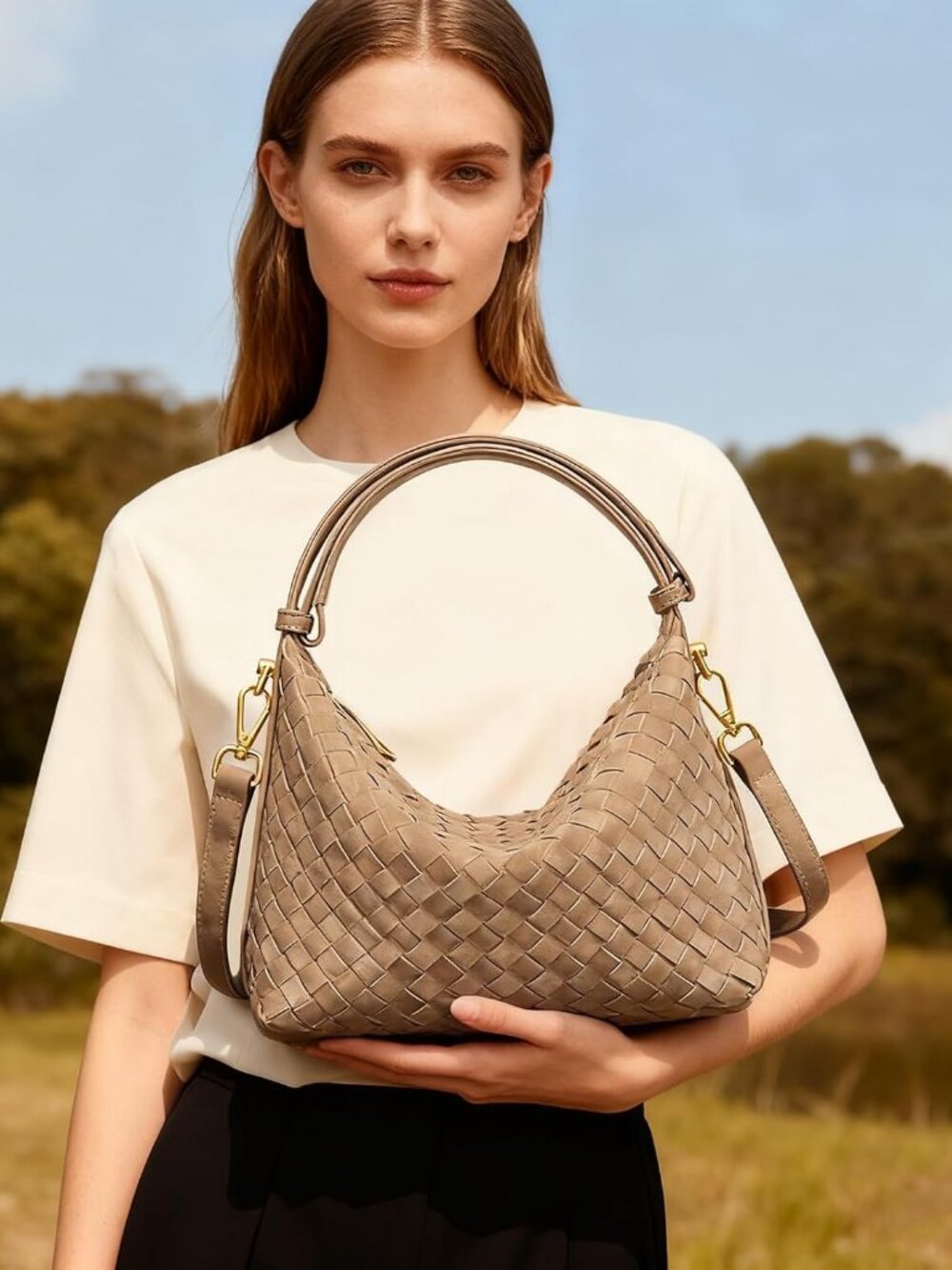 Woven Suede Hobo Purse for Women,Faux Suede Shoulder Bag,Woven Crossbody Bag,Han - Picture 3 of 6